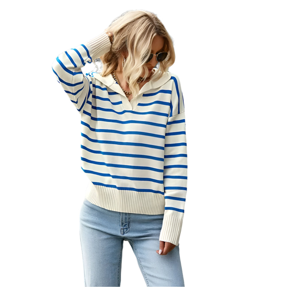 Dame V-Hals Genser med Striper 0