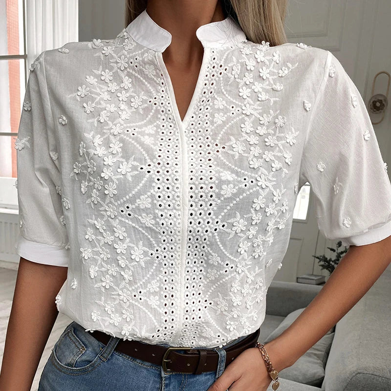 Dame V-hals Blomsterbroderi Bluse 5