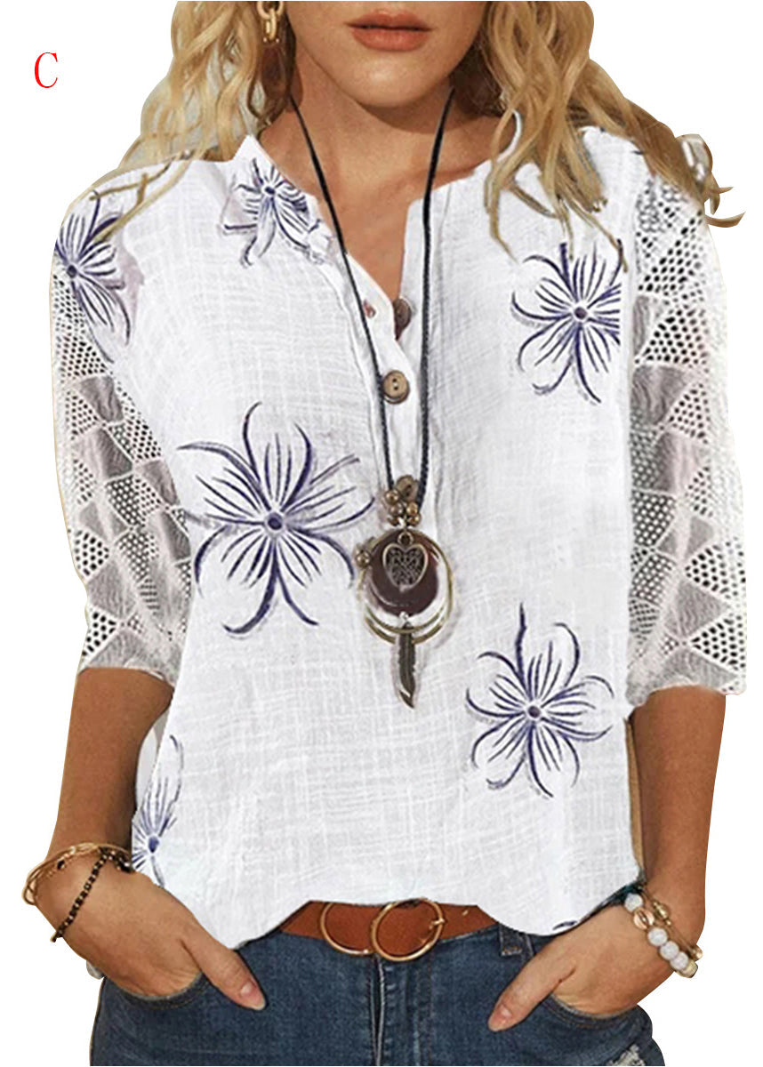 Dame V-hals Blonder Patchwork Skjorte 2
