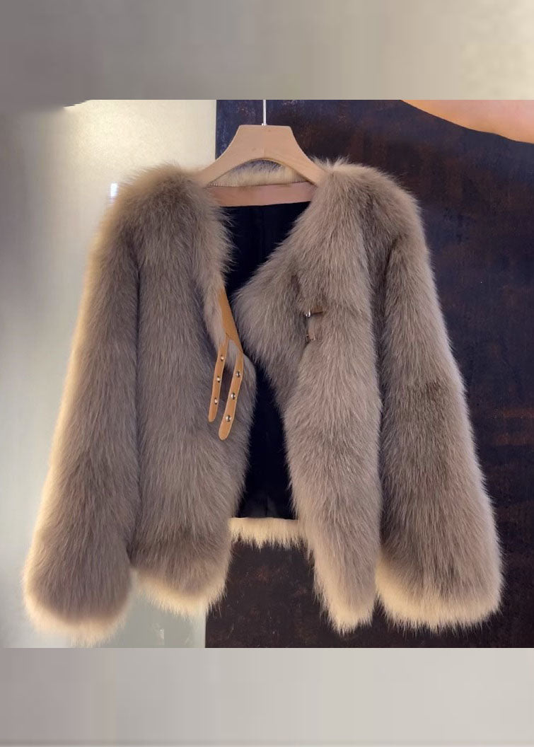 Dame V-hals Skinnfrakk med Pelsdetaljer 0