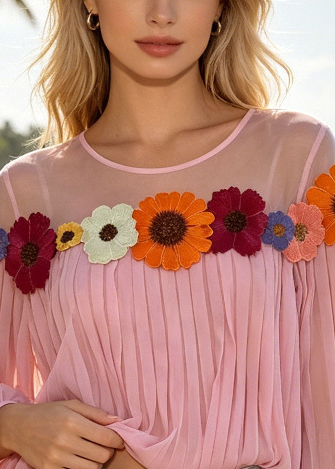 Damebluse Patchwork Chiffon med Rynker og Blomsterprint 1