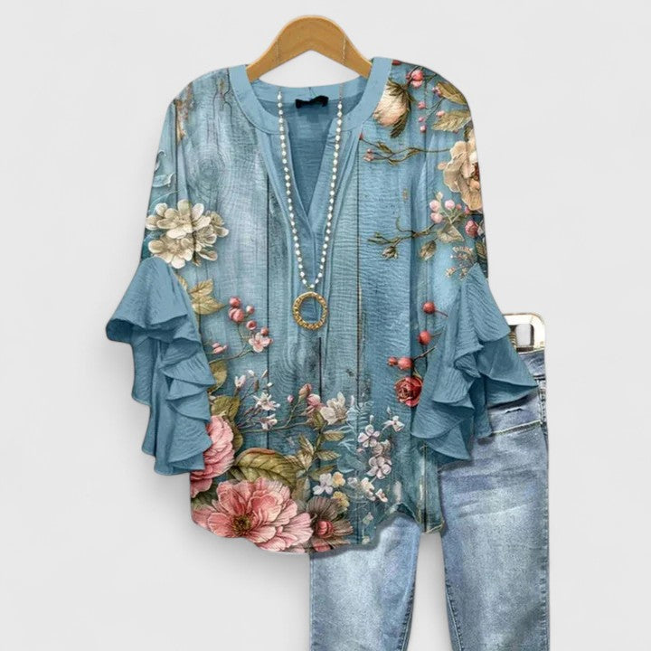 Damebluse med Blomstertrykk og Ruffede Ermer 5