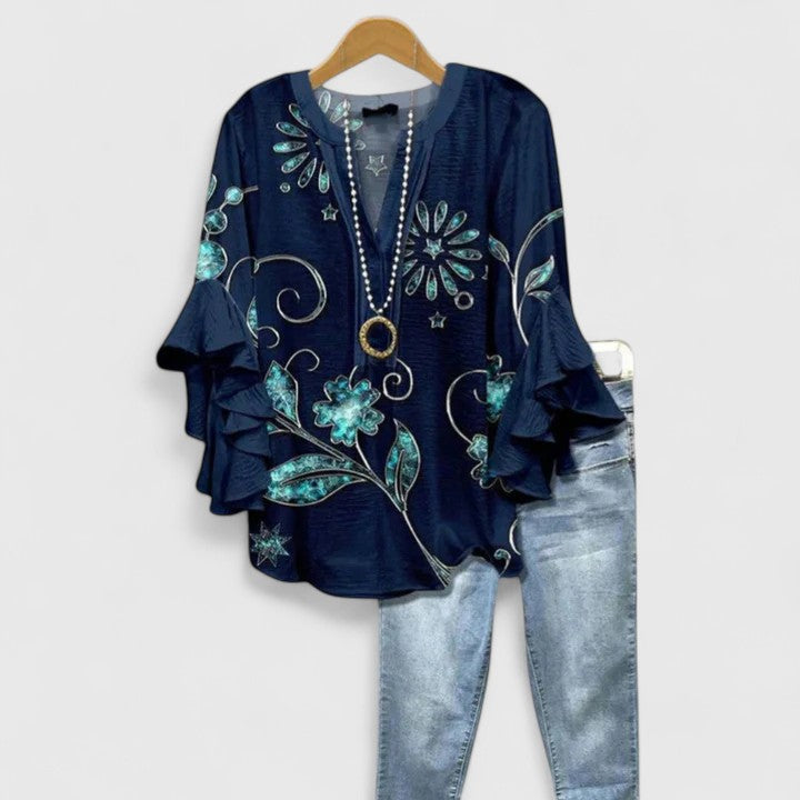Damebluse med Blomstertrykk og Ruffede Ermer 8
