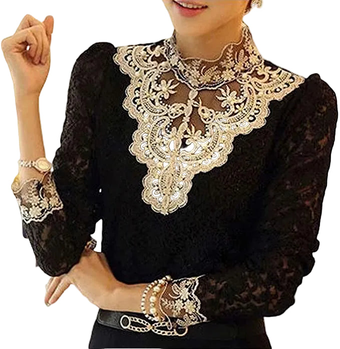 Damebluse med broderi og meshpaneler 0