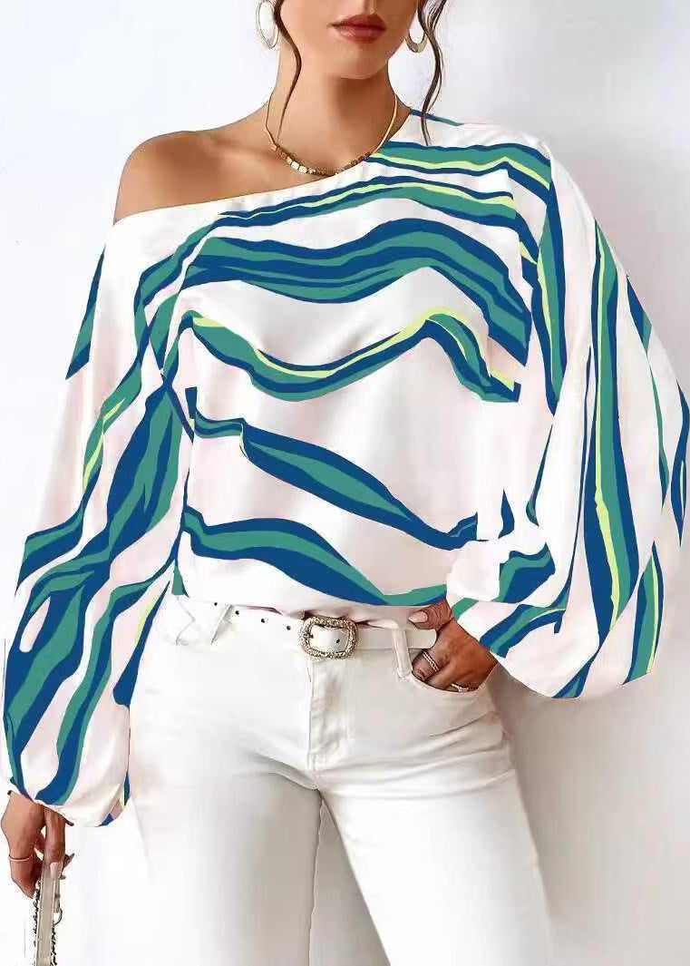 Damebluse med en skulder og lange ermer i stripet design 0