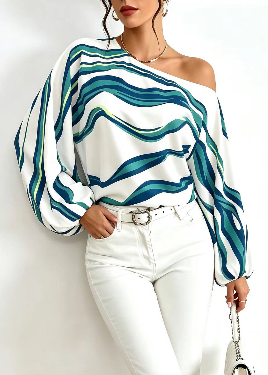Damebluse med en skulder og lange ermer i stripet design 2