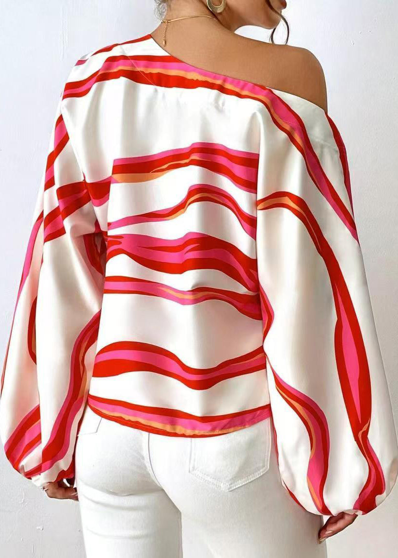 Damebluse med en skulder og lange ermer i stripet design 3
