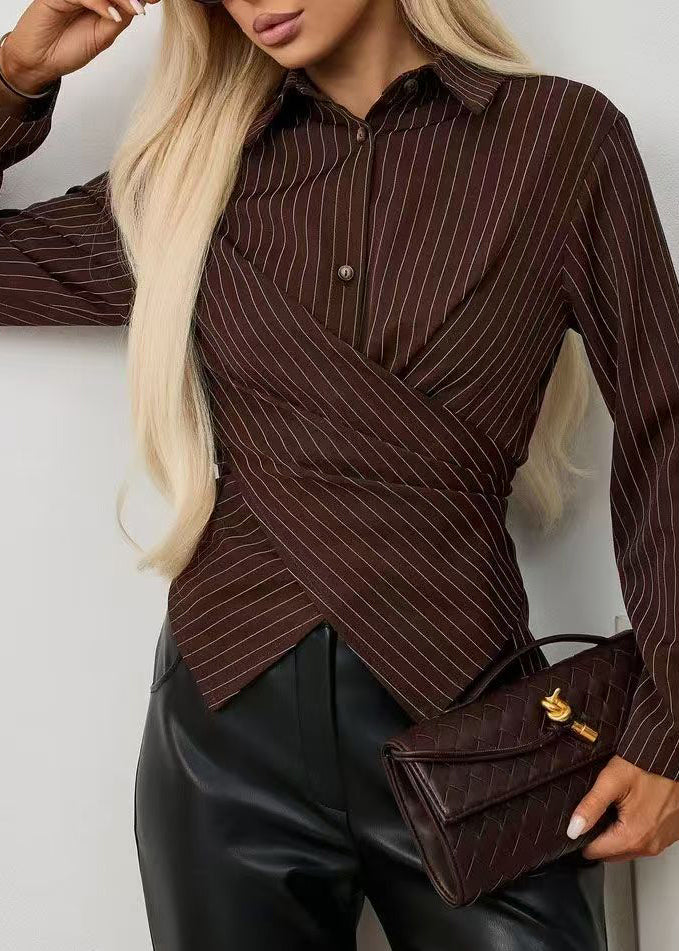 Damebluse med lange ermer og Peter Pan-krage stripete design 1