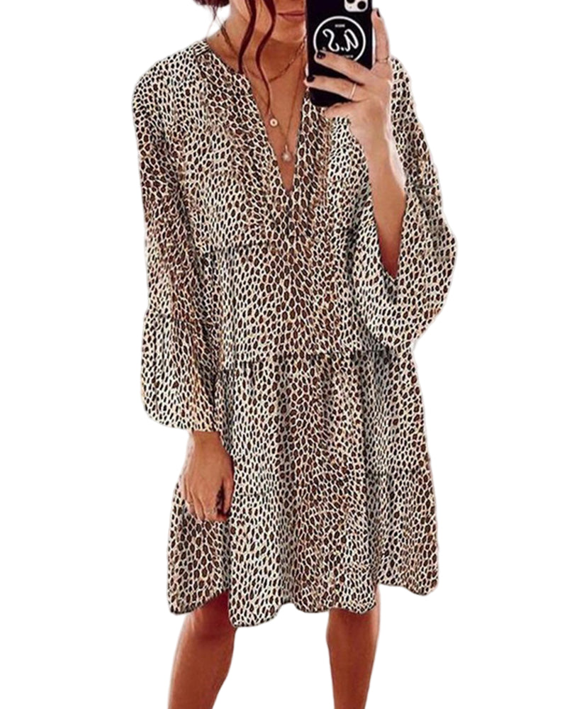 Damen Knielang Kjole Leopardmønster V-Ausschnitt 0