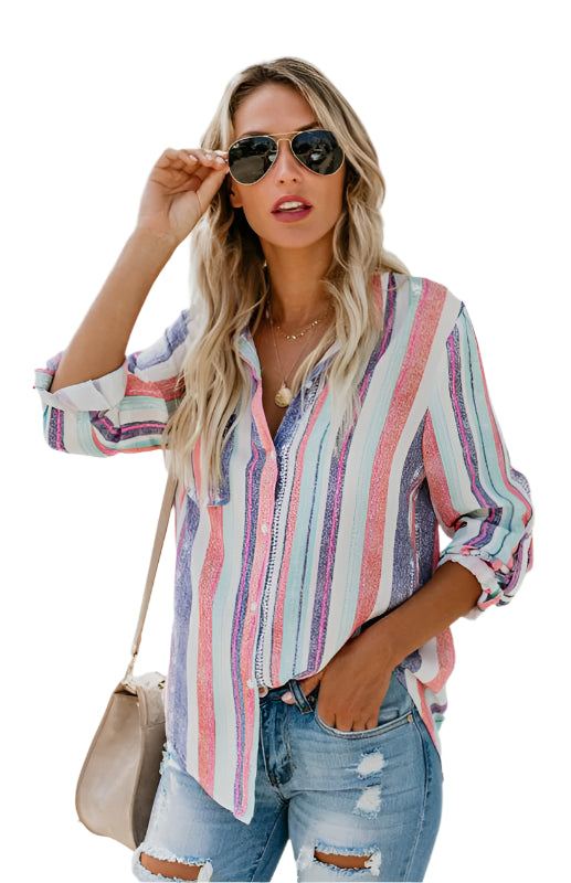 Damenes Striped Button Up Top med Turn-Down Krage i Lin 0