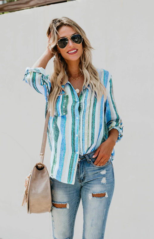 Damenes Striped Button Up Top med Turn-Down Krage i Lin 2