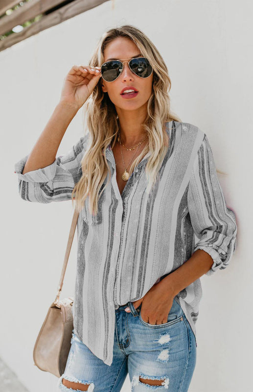 Damenes Striped Button Up Top med Turn-Down Krage i Lin 3