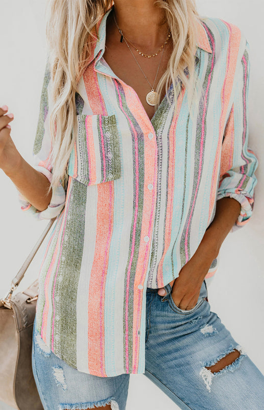 Damenes Striped Button Up Top med Turn-Down Krage i Lin 7