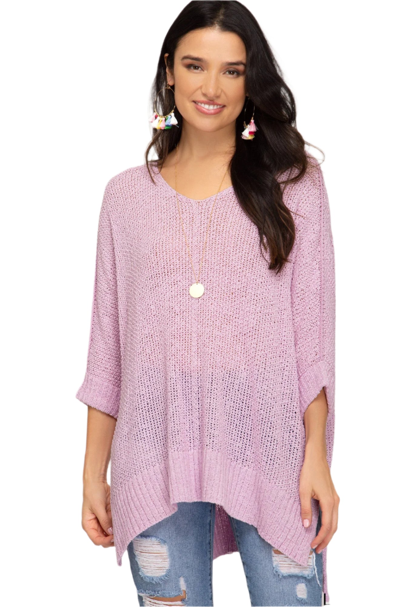 Damens Hi-Lo Genser med 3/4 Ermer og Brettede Mansjetter 0