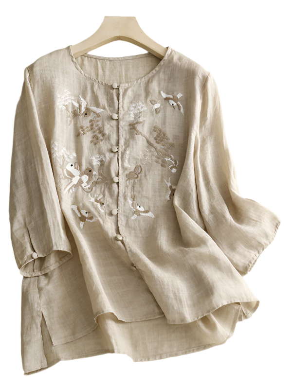 Damer Retro Topp Rund Hals Broderi Bomull Lin 0