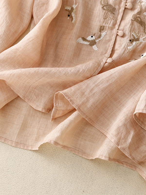 Damer Retro Topp Rund Hals Broderi Bomull Lin 3