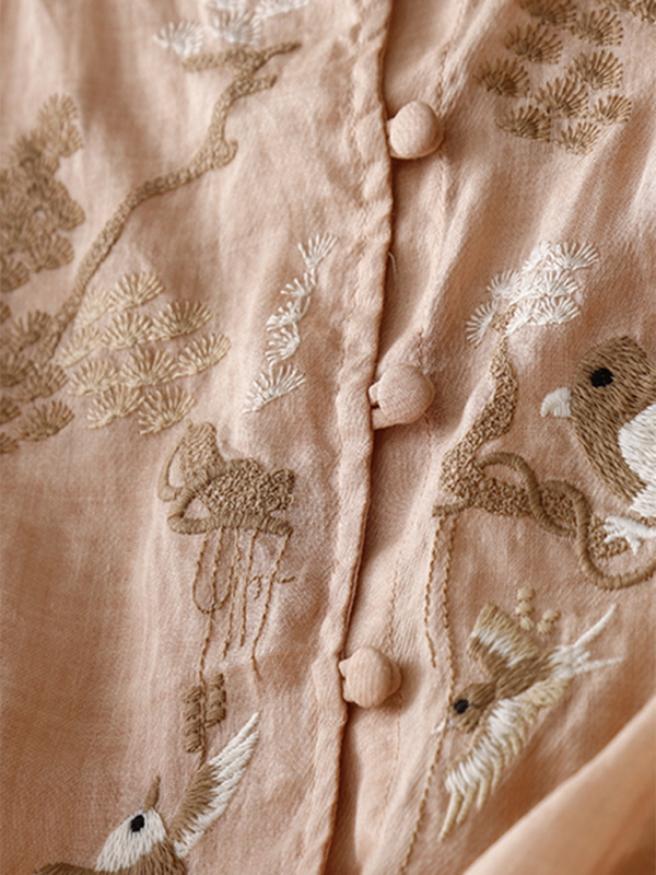 Damer Retro Topp Rund Hals Broderi Bomull Lin 5