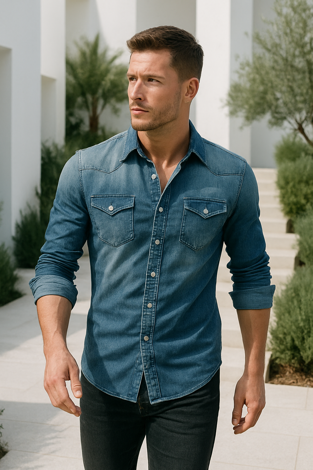 Herre Denim Skjorte Retro Stil med Knapplommer 1