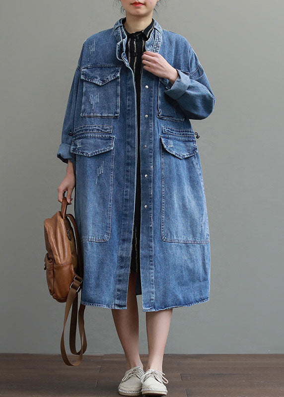 Herre Denim Trenchcoat med Knapp og Lommer 1