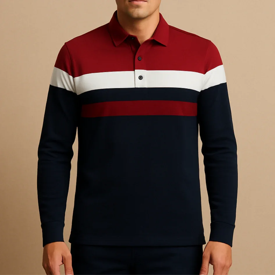 Herre Langermet Poloskjorte Stripete Design 7