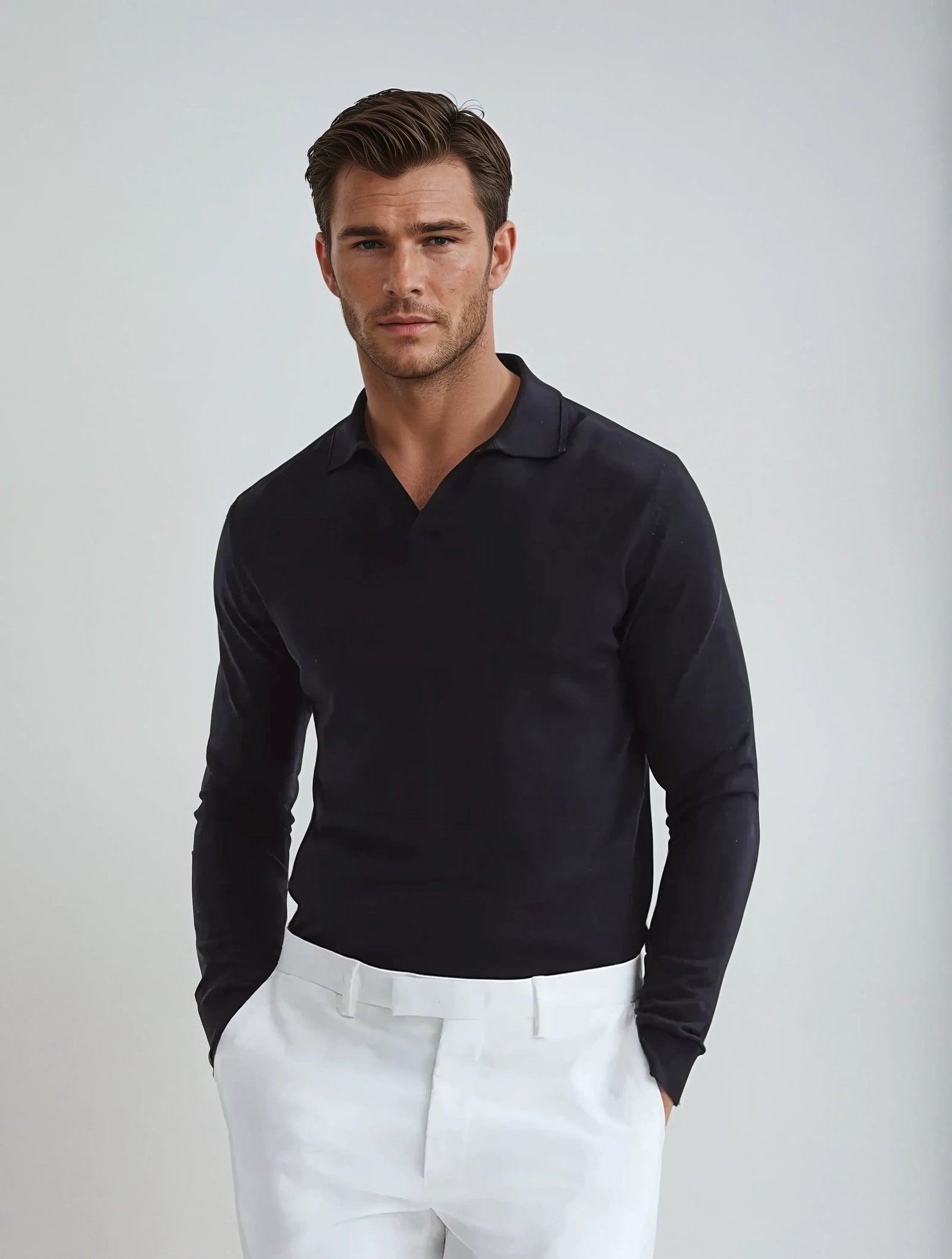 Herre Poloshirt Langermet Minimalistisk Uten Knapper 4