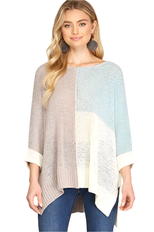 Herre Pullover Fargeblokk Strikket Grå/Blå 0