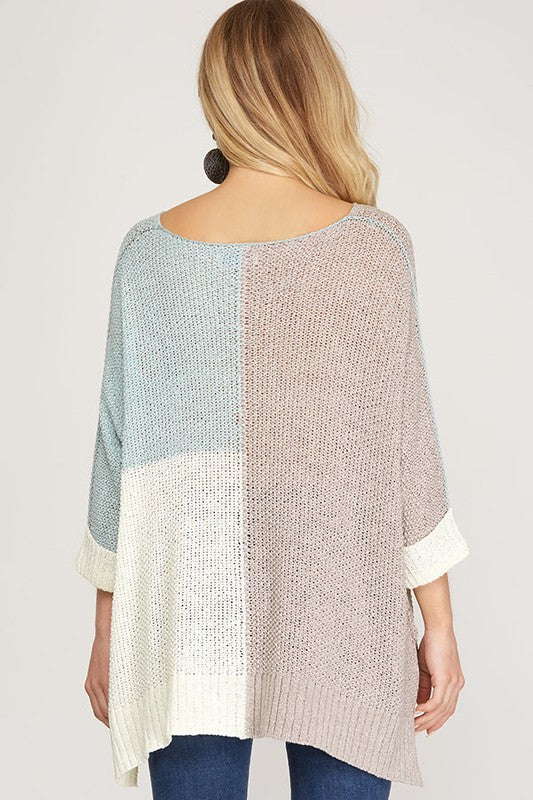 Herre Pullover Fargeblokk Strikket Grå/Blå 2