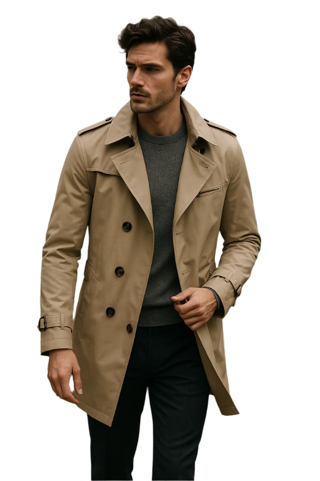 Herre Trenchcoat Dobbelknappet Strukturert Design Myk Blandingsmateriale 0