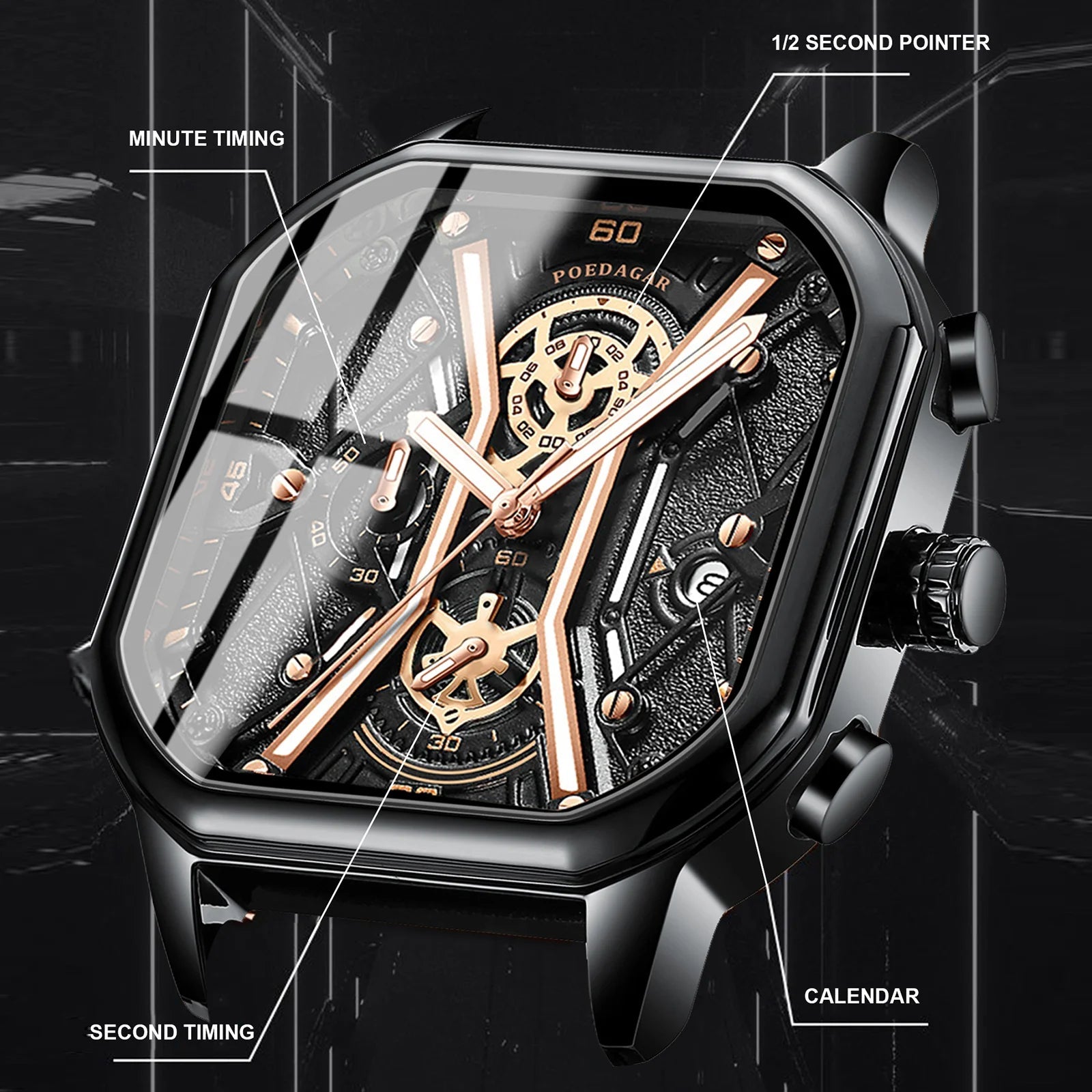 Herreklokke Skeleton Chronograph Stilfull Design Vannavstøtende 2