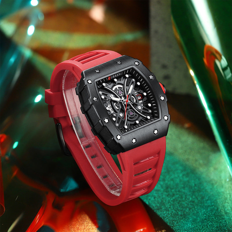 Herreklokke Tonneau Formet med Silikonrem Flerlags Ursilver 3