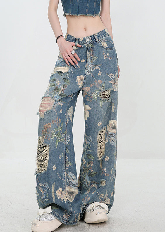 Høy Midje Bukser Dame med Unik Blå Mønster Denim 2