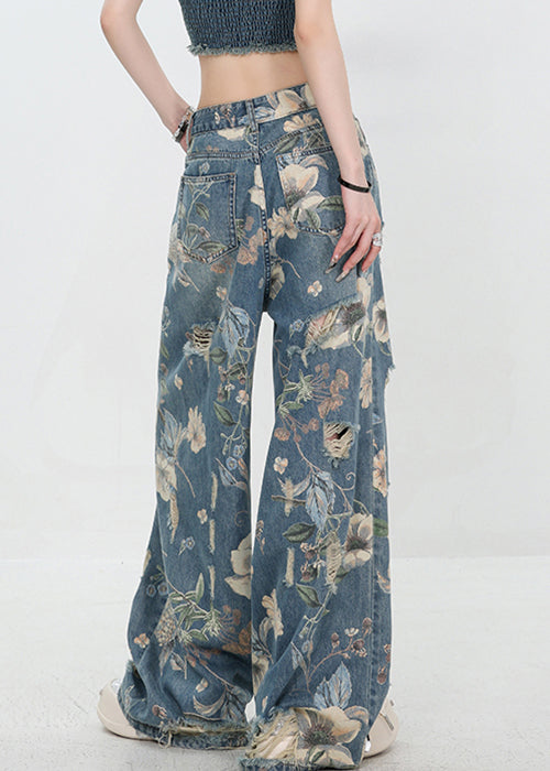 Høy Midje Bukser Dame med Unik Blå Mønster Denim 4