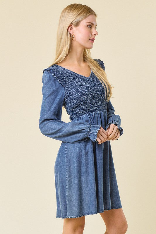 Kjole for kvinner Mini V-hals Smocked Denim 2