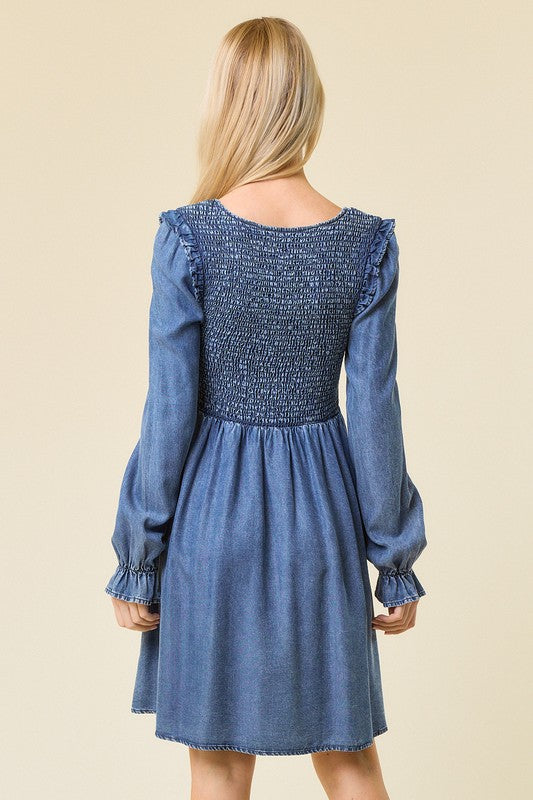Kjole for kvinner Mini V-hals Smocked Denim 3