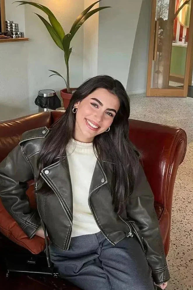 Kvinne Bikerjakke Moderne Design med Glidelås og Belte 2