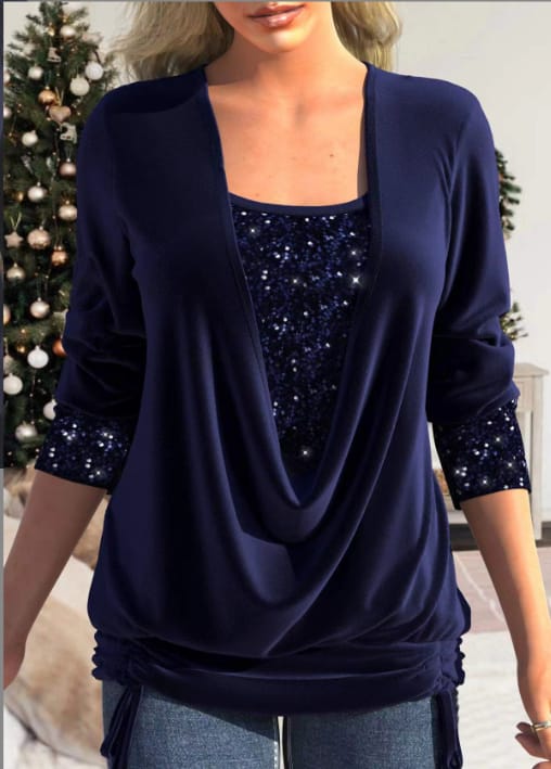 Kvinne Bluse Drapert Halslinje med Pailletten Detaljer 6