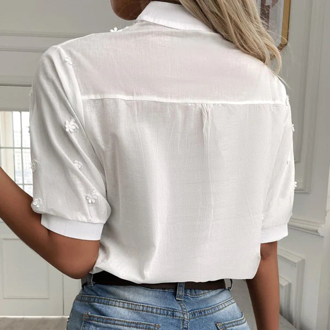 Kvinne Bluse med Korte Ermer og Blonder 4