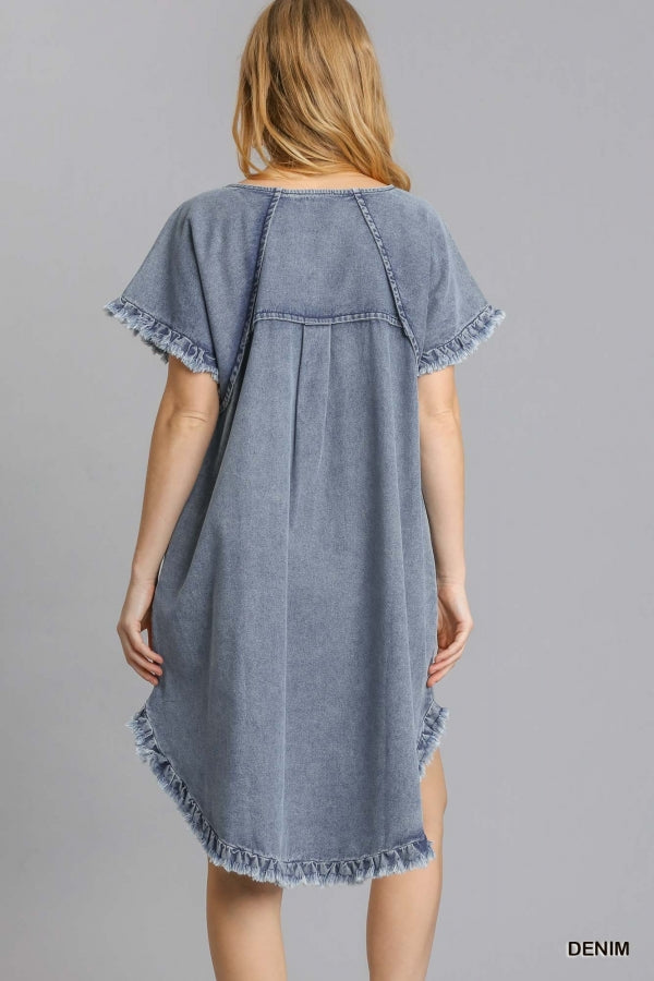 Kvinne Denim Kjole med Lommer og Frynser 2