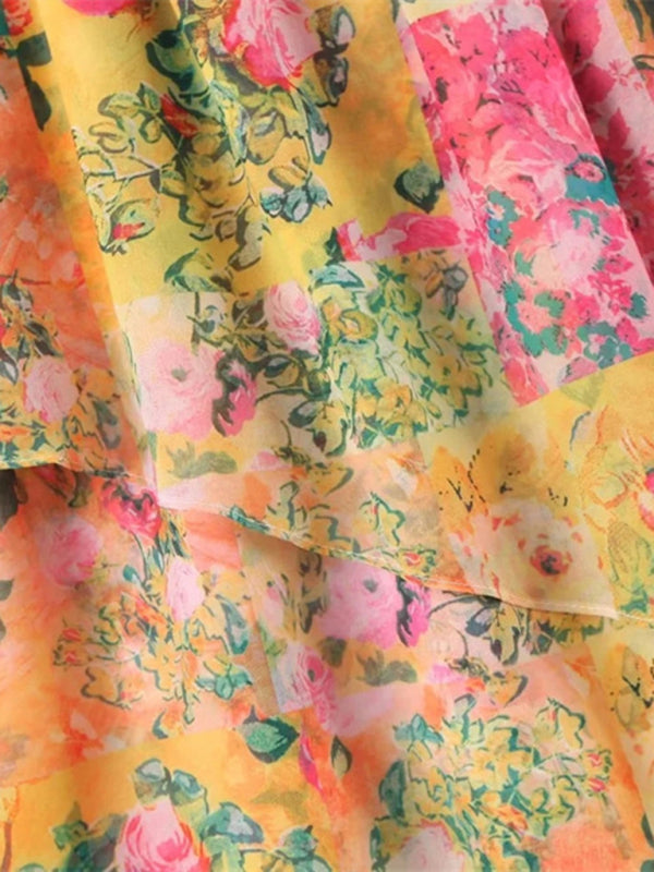 Kvinne Floral Sling Kjole med Snøring og Fargeblokk 1