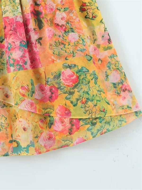 Kvinne Floral Sling Kjole med Snøring og Fargeblokk 2