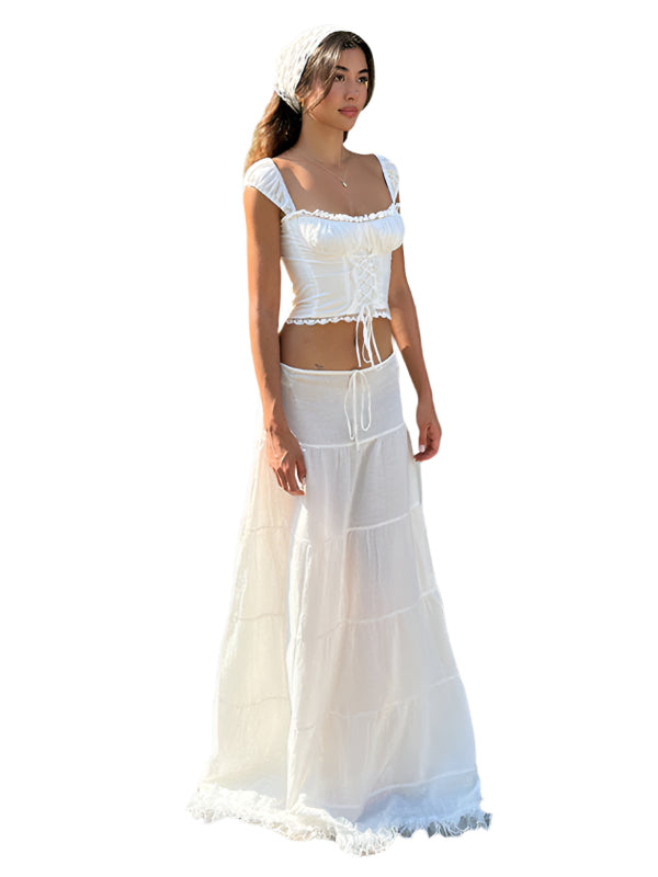 Kvinne Halterneck Top med Spiss Lace og Gulvlengde Skjørt 0