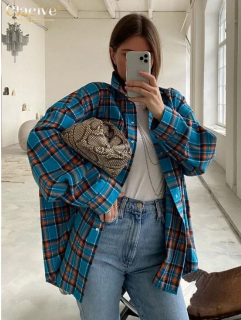 Kvinne Oversized Skjorte Rutete Design 6