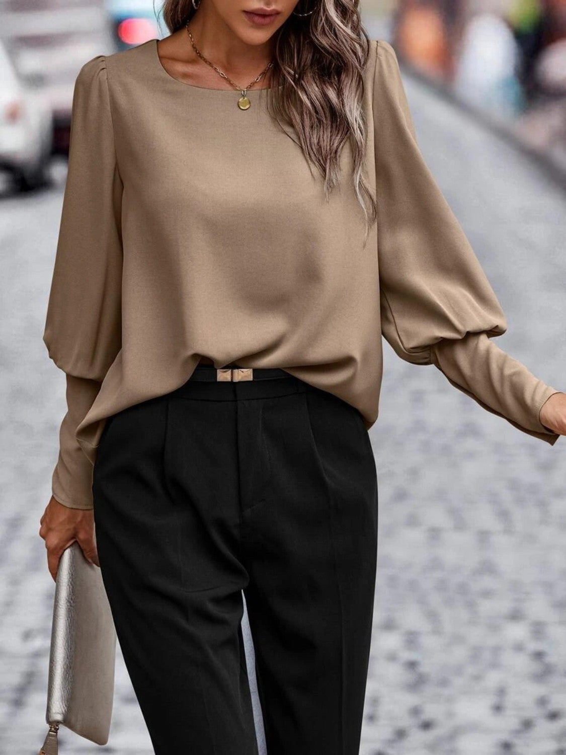 Kvinne Rund Hals Lantern Sleeve Bluse Polyester 3