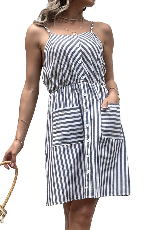 Kvinne Slip Dress Grå Stripet Bomull Lin 0