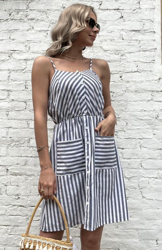 Kvinne Slip Dress Grå Stripet Bomull Lin 2