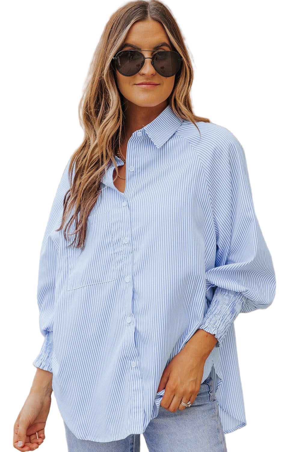 Kvinne Striped Lantern Sleeve Collared Shirt Polyester 0