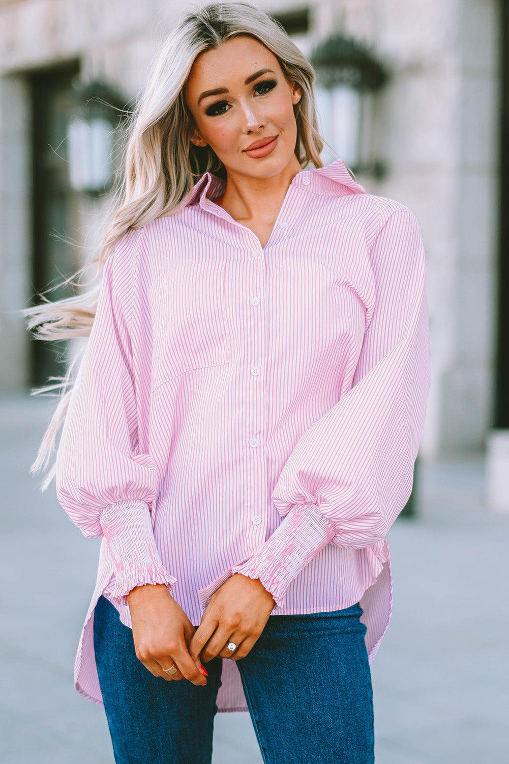 Kvinne Striped Lantern Sleeve Collared Shirt Polyester 10
