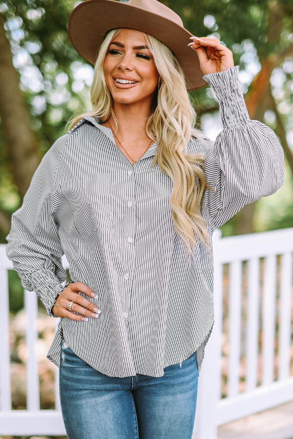 Kvinne Striped Lantern Sleeve Collared Shirt Polyester 9