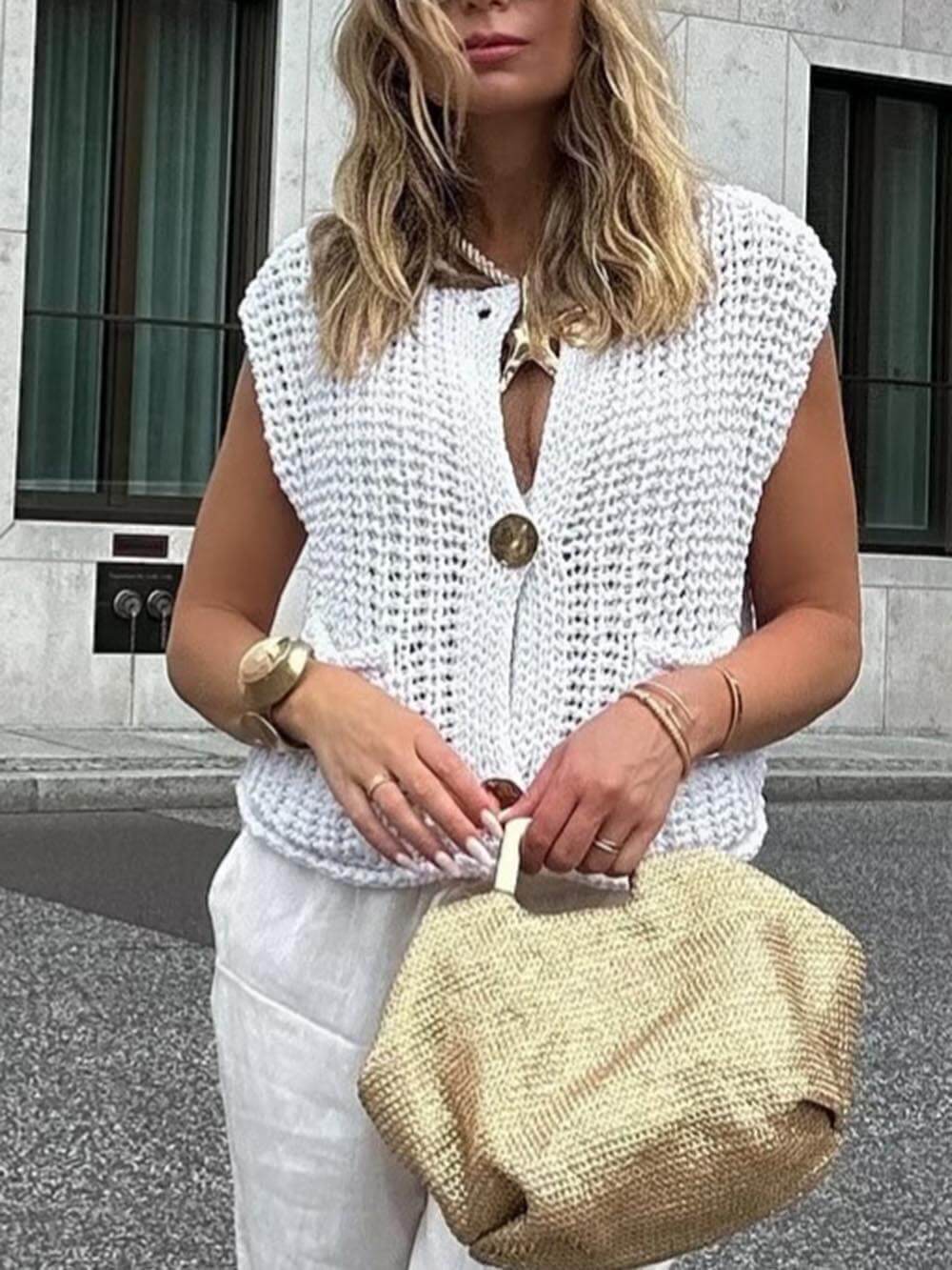 Kvinne ermeløs cropped cardigan med lommer 9