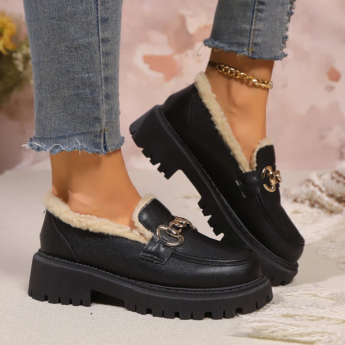 Kvinnelige Plattform Loafers med Varmt Fôr 5